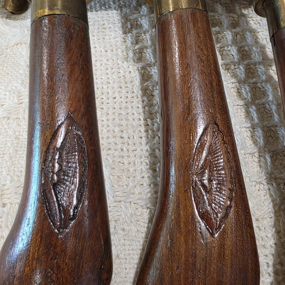Vintage MCM Ornate Hand Carved Wood Brass INDIA 6 pc Knife Stainless Set Block
